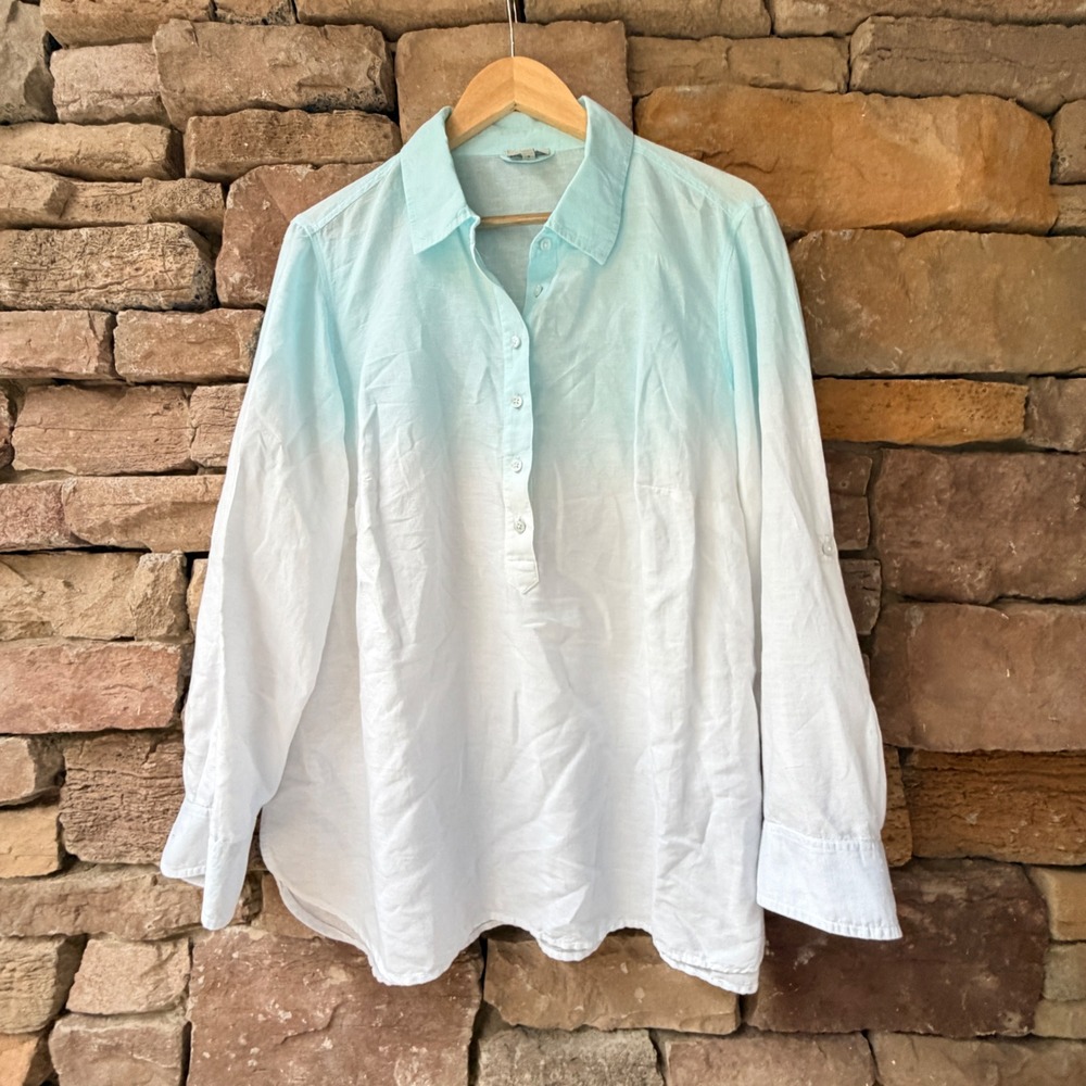 Talbots Womens 1X Linen Blend Ombre Dip Dye Roll Tab Sleeve Button Front Top